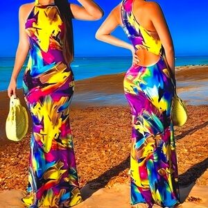 PRIVATE LABEL | Tie-dye Crew-Neck Multicolred Bodycon Long Dress NWOT